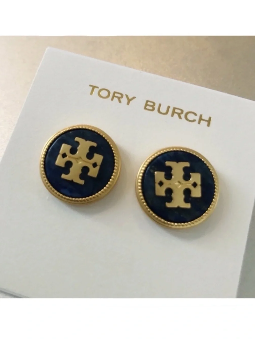 Tory Burch Lapis Gold Logo Round Stud Earrings